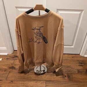 sweatshirt - light brown with birds wearing hats, L